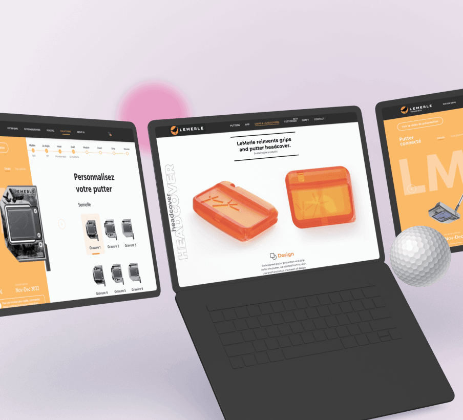 Montage d'écrans LeMerle affichant des interfaces golf sur ordinateur, tablette et Apple Watch.