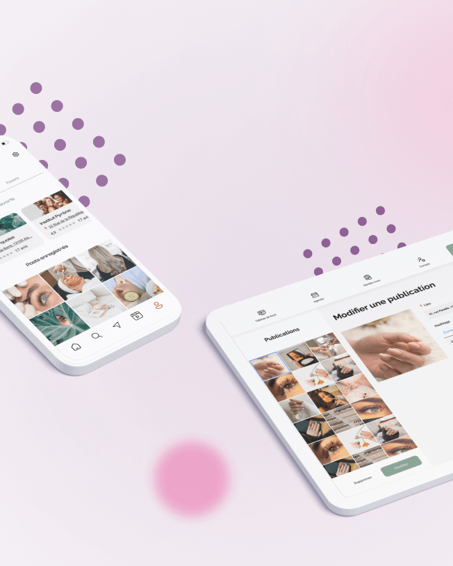 Montage d'écrans OnFleek affichant une galerie beauté sur mobile et tablette.