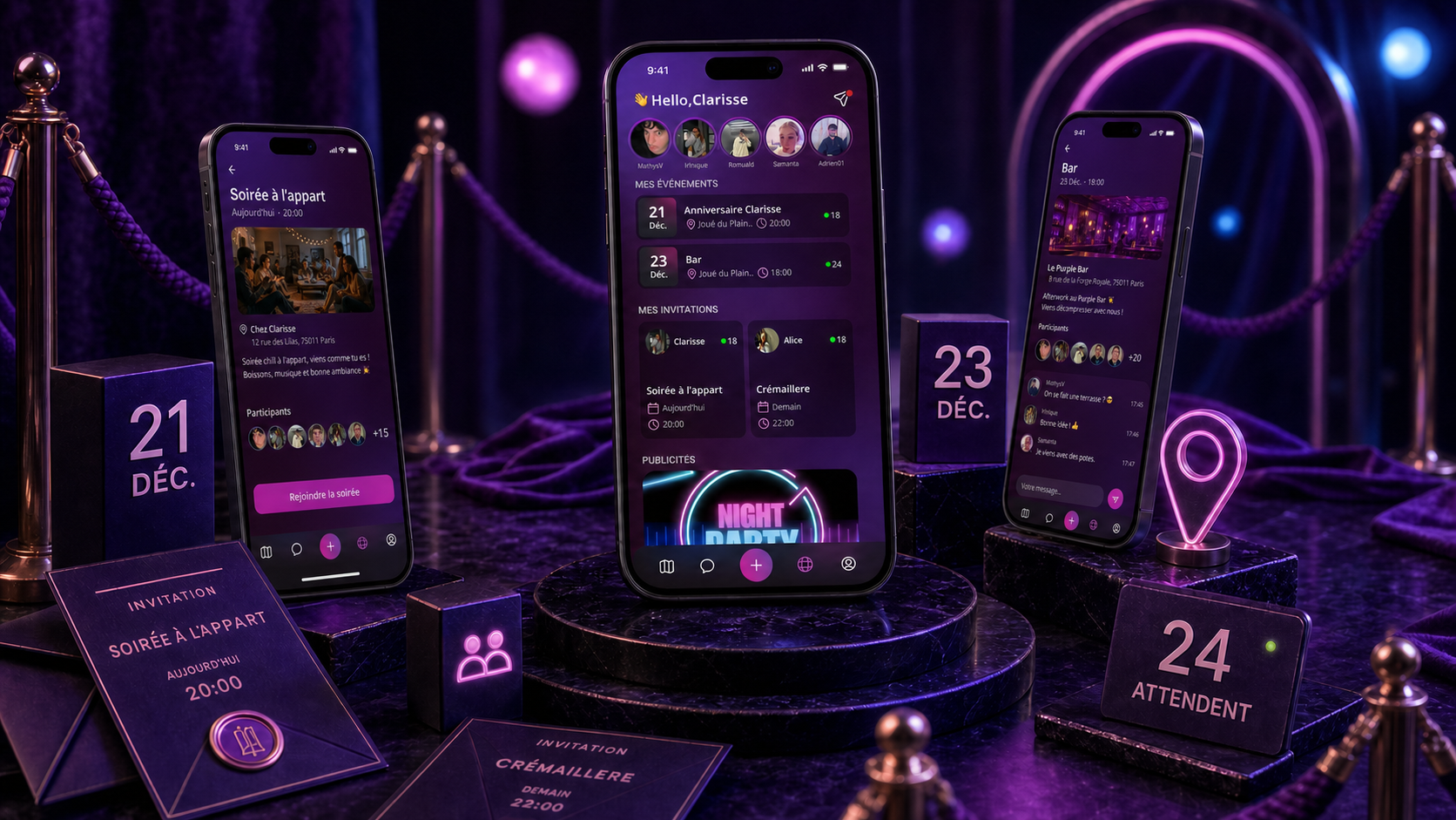 Événements et invitations NightParty intégrés dans une scène nocturne premium