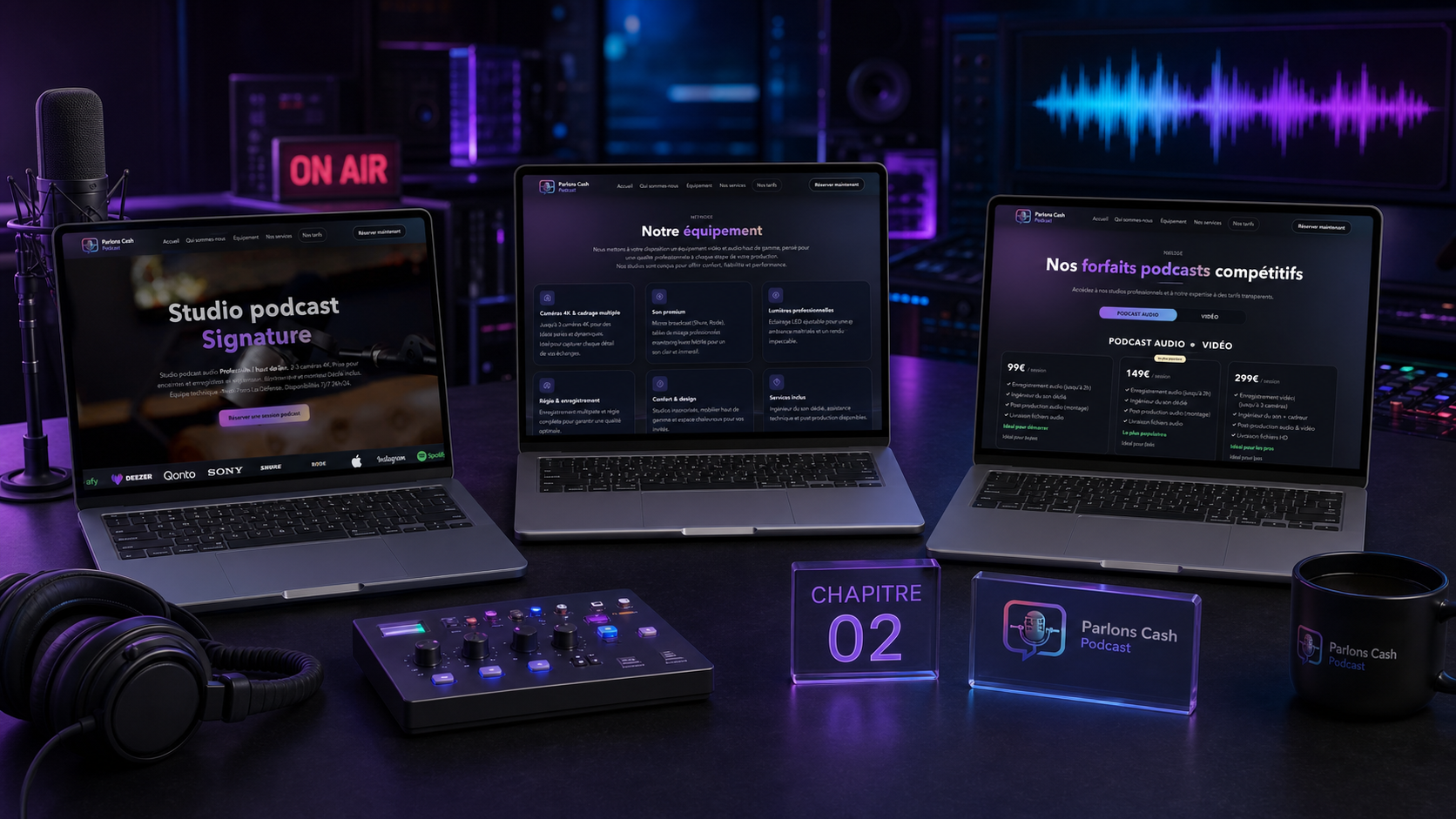 Interfaces Parlons Cash Podcast intégrées dans une régie audio violette et bleue