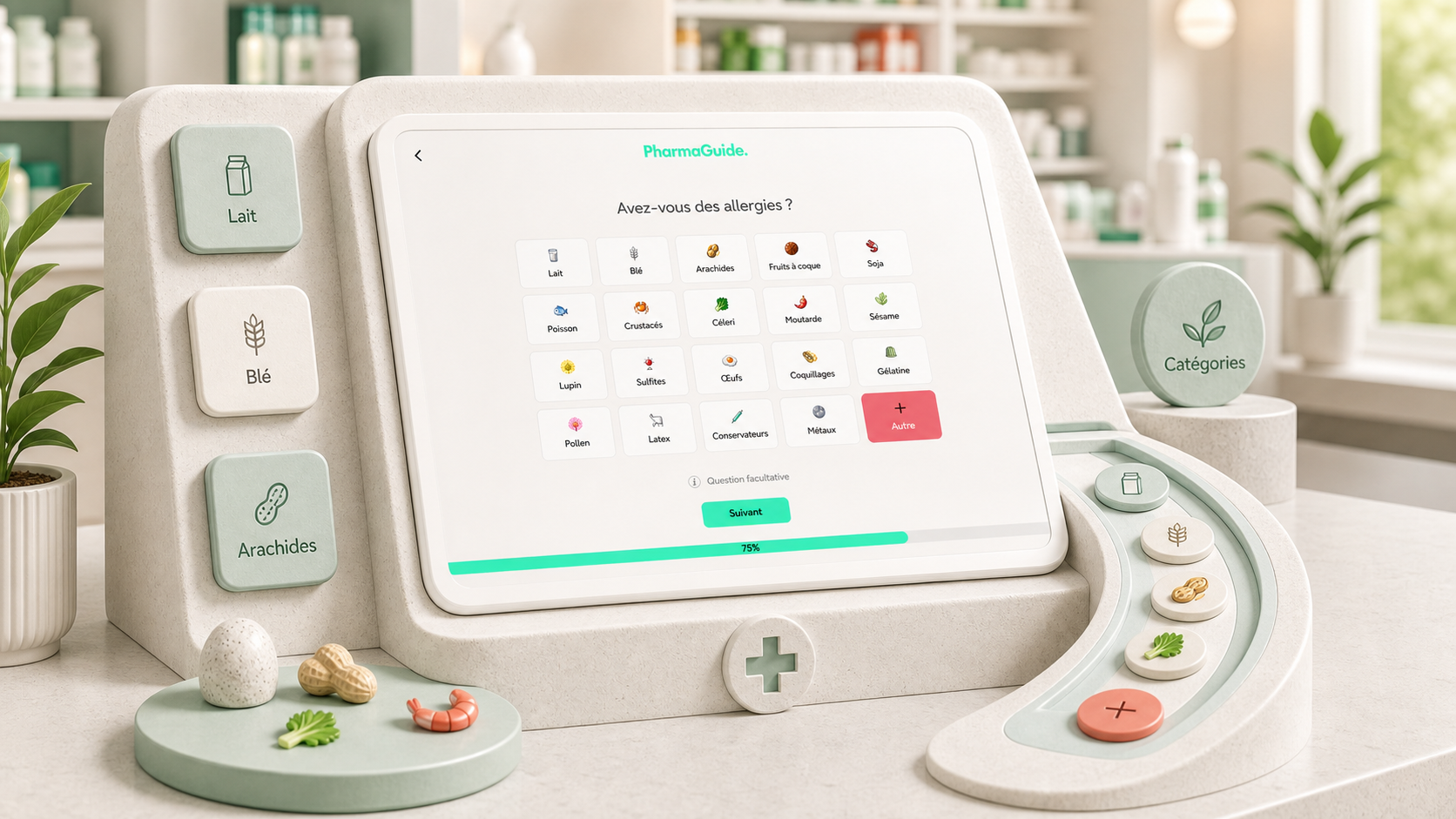 Questionnaire d’allergies PharmaGuide intégré dans une borne de pharmacie sculpturale