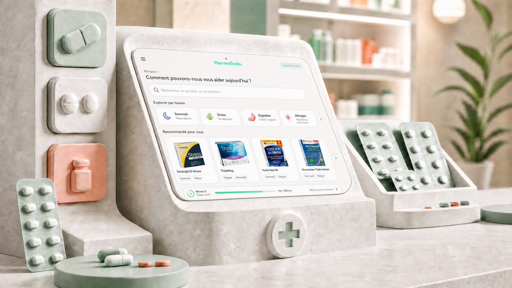 Accueil, recherche et recommandations PharmaGuide intégrés dans une tablette de conseil en pharmacie