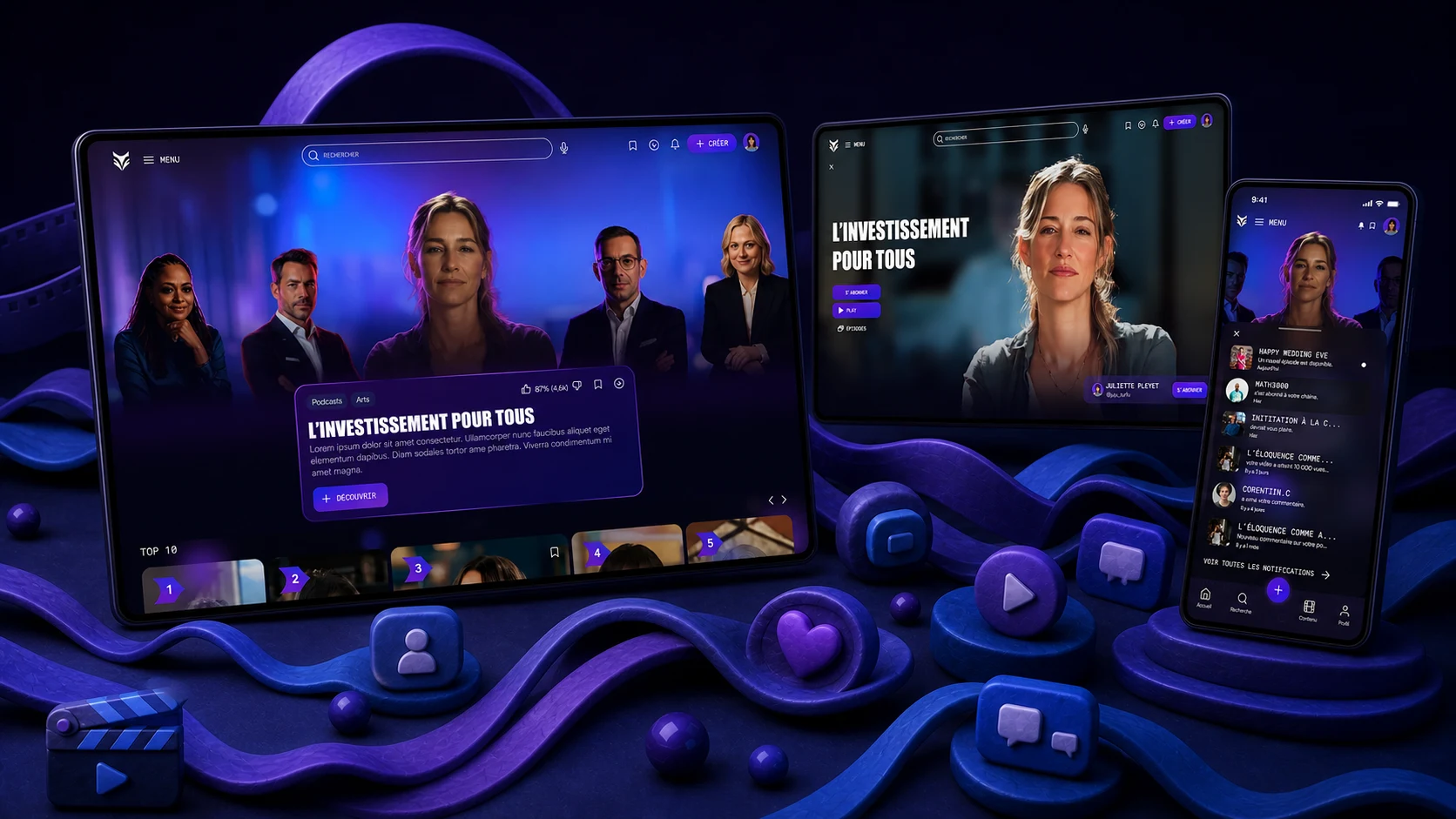 Écrans desktop et mobile Streamynx disposés dans un paysage média fluide
