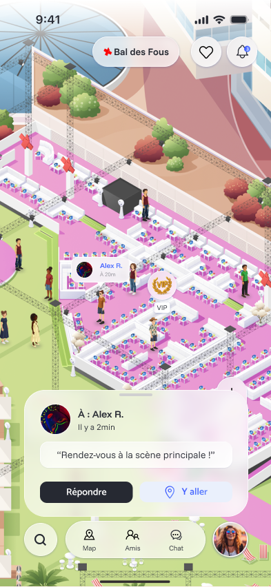 Écran iPhone affichant une carte illustrée avec un personnage et une zone de recherche.