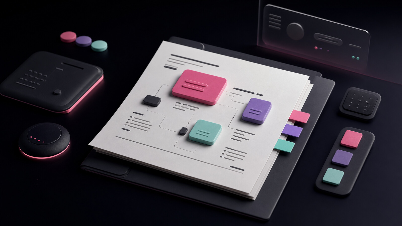 Feuilles de brief produit et surface sombre pour représenter un cahier des charges simple