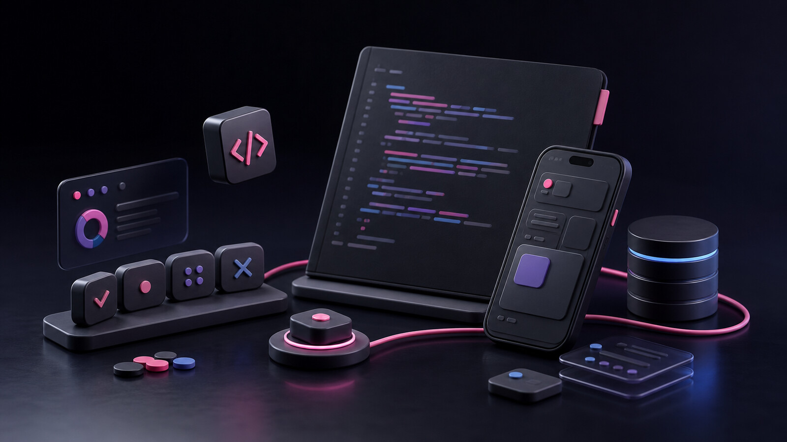 Surface de code sombre et objet mobile représentant le développement d'une application