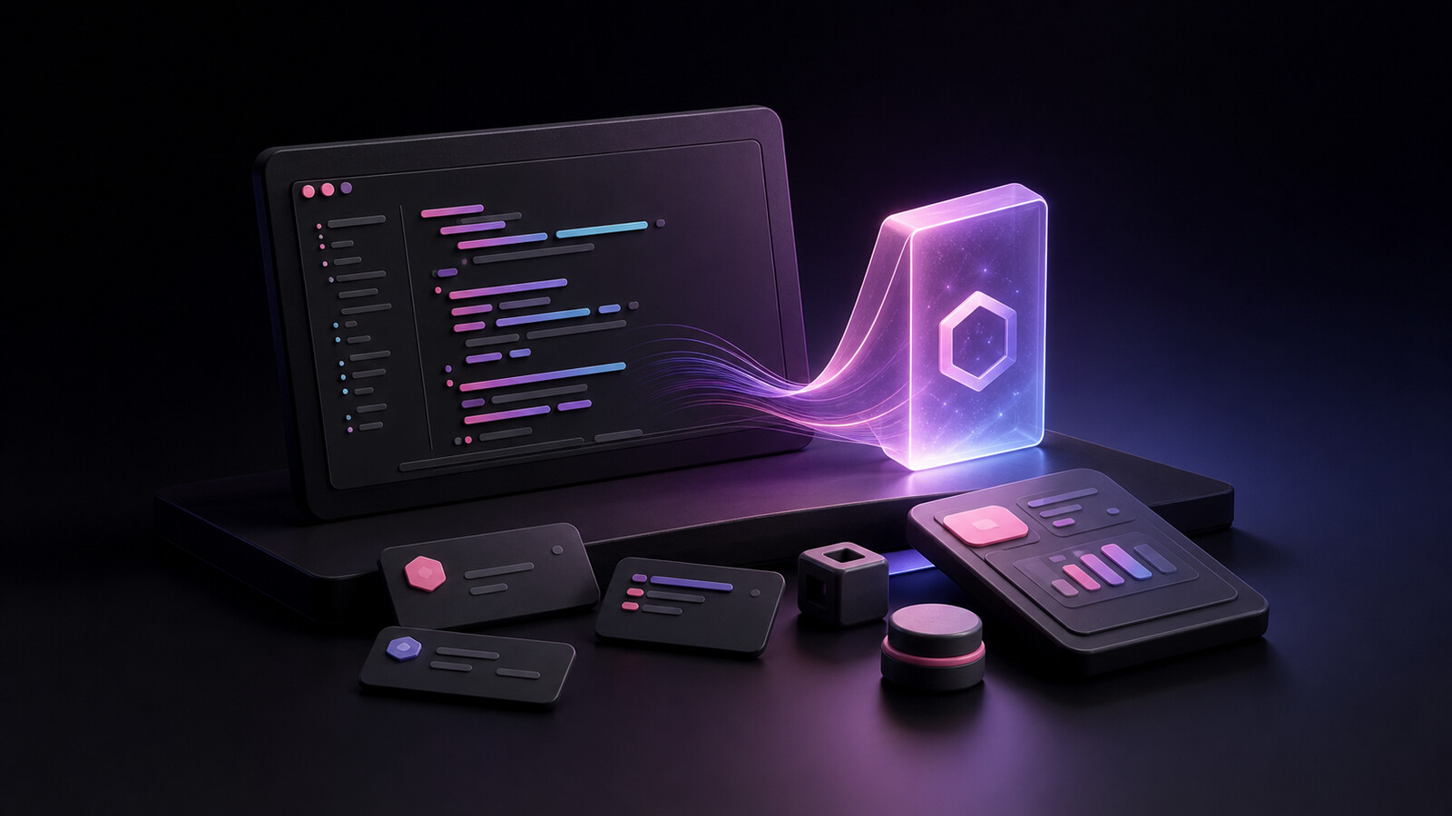 Surface de code et prisme lumineux représentant la collaboration entre IA et développeur