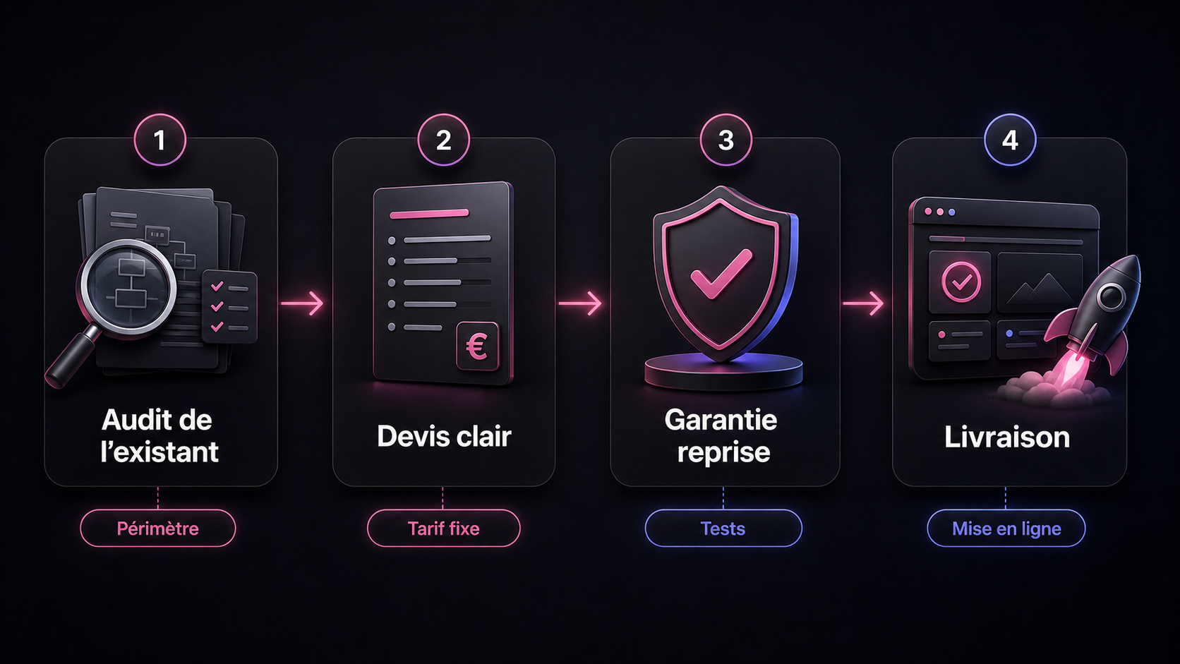 Infographie montrant les étapes d'une reprise de projet web: audit de l'existant, devis clair, garantie reprise et livraison