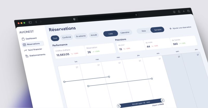 Interface de réservation et de pilotage montrant une logique de planning, paiements et suivi d'activité