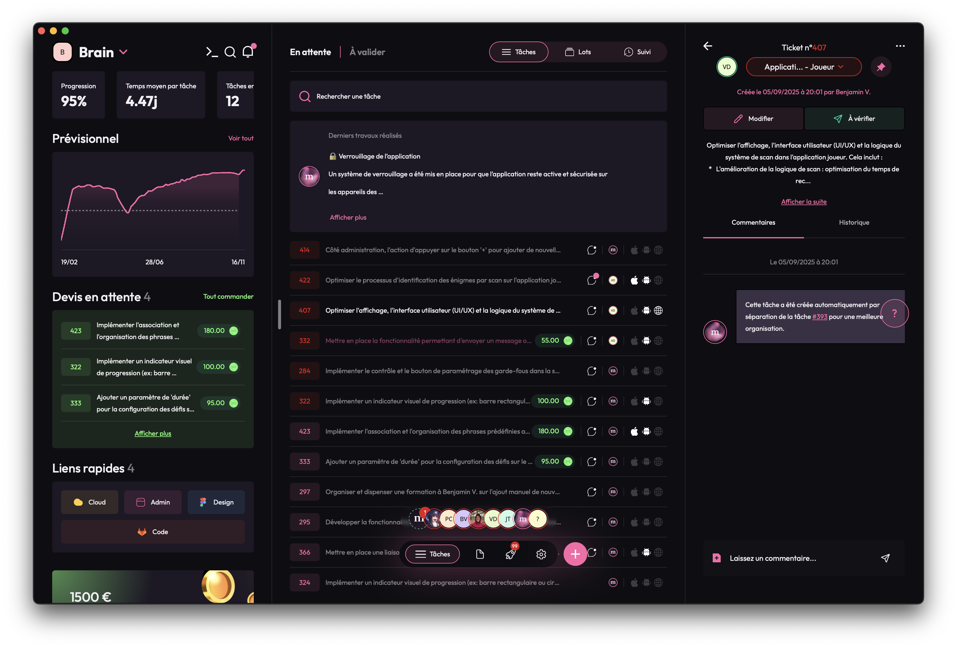 Tableau de bord minuit.app présentant le suivi du projet, les tâches, les devis et les commentaires.